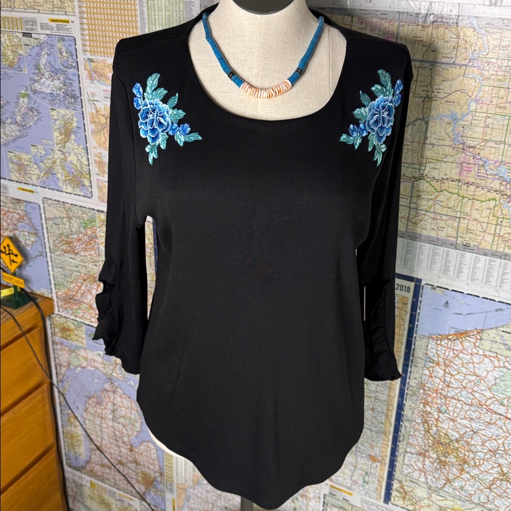 Black Top with Blue Floral Embroidery